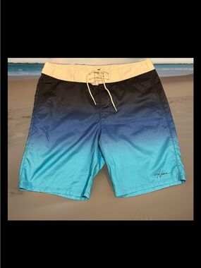 Hollister Ombre Blue Swim Board Shorts with Cream Waistband